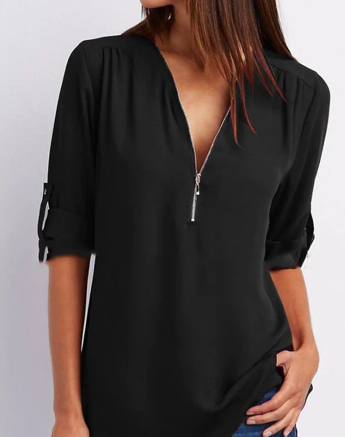 Plus Size V-Neck Long Sleeve Zip Chiffon Blouse