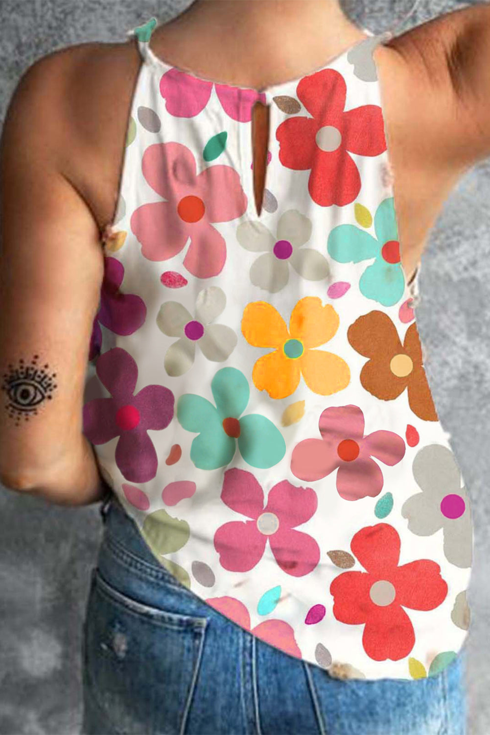 White Cute Floral Print Tank Top