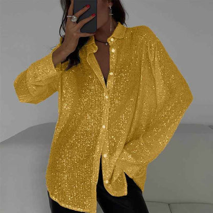 Elegant Women's Sequin Shirt - Stylish Long Sleeve Button-Up Blouse With Glitter Details, Perfect For Party & Casual To Formal Wear