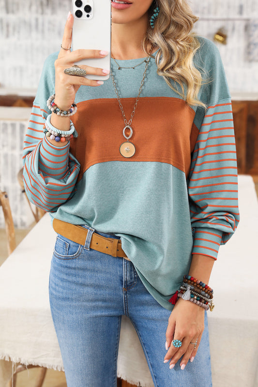 Green Colorblock Striped Bishop Sleeve Top with Side Slits Women's Top - The Eggy's store