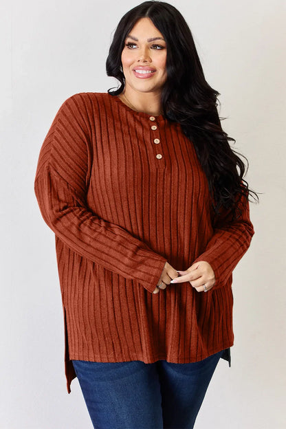 Basic Bae Full Size Ribbed Half Button Long Sleeve High-Low Women's T-Shirt - The Eggy's store
