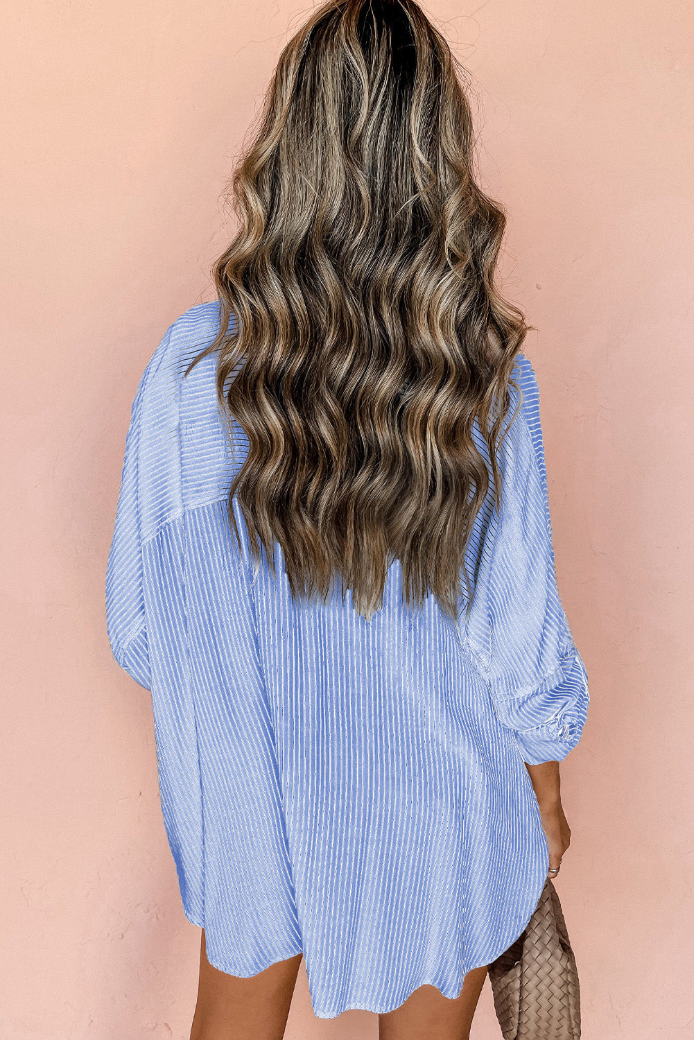 Striped Roll-Tab Sleeve Pocketed Long Blouse