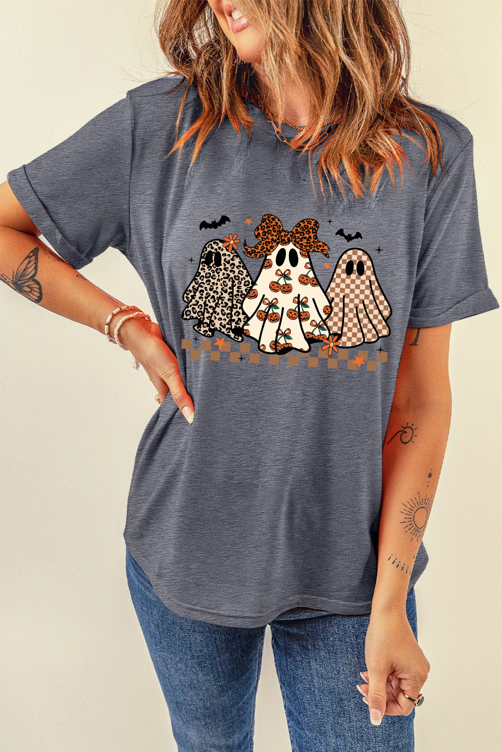 Three Ghosts Halloween Graphic T-Shirt with Cuffed Sleeves