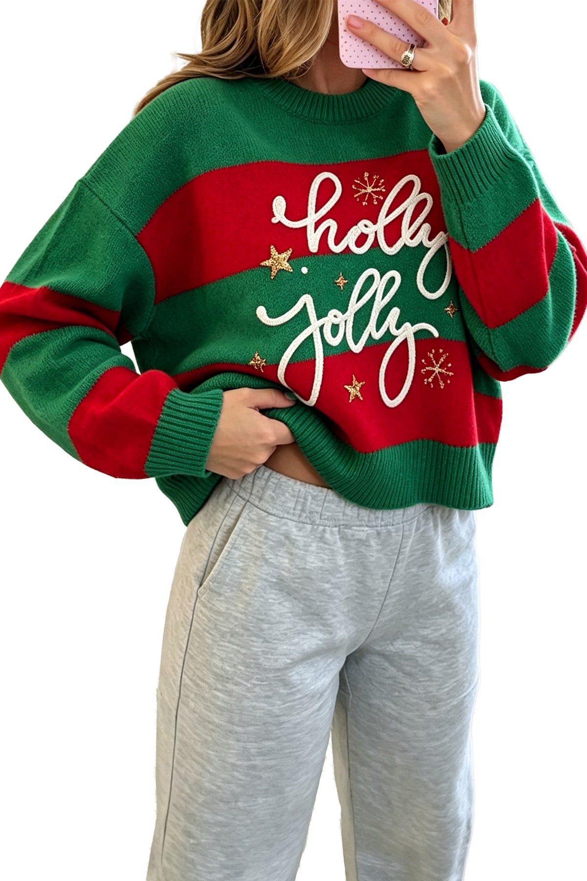 Striped Holly Jolly Sequin Christmas Sweater