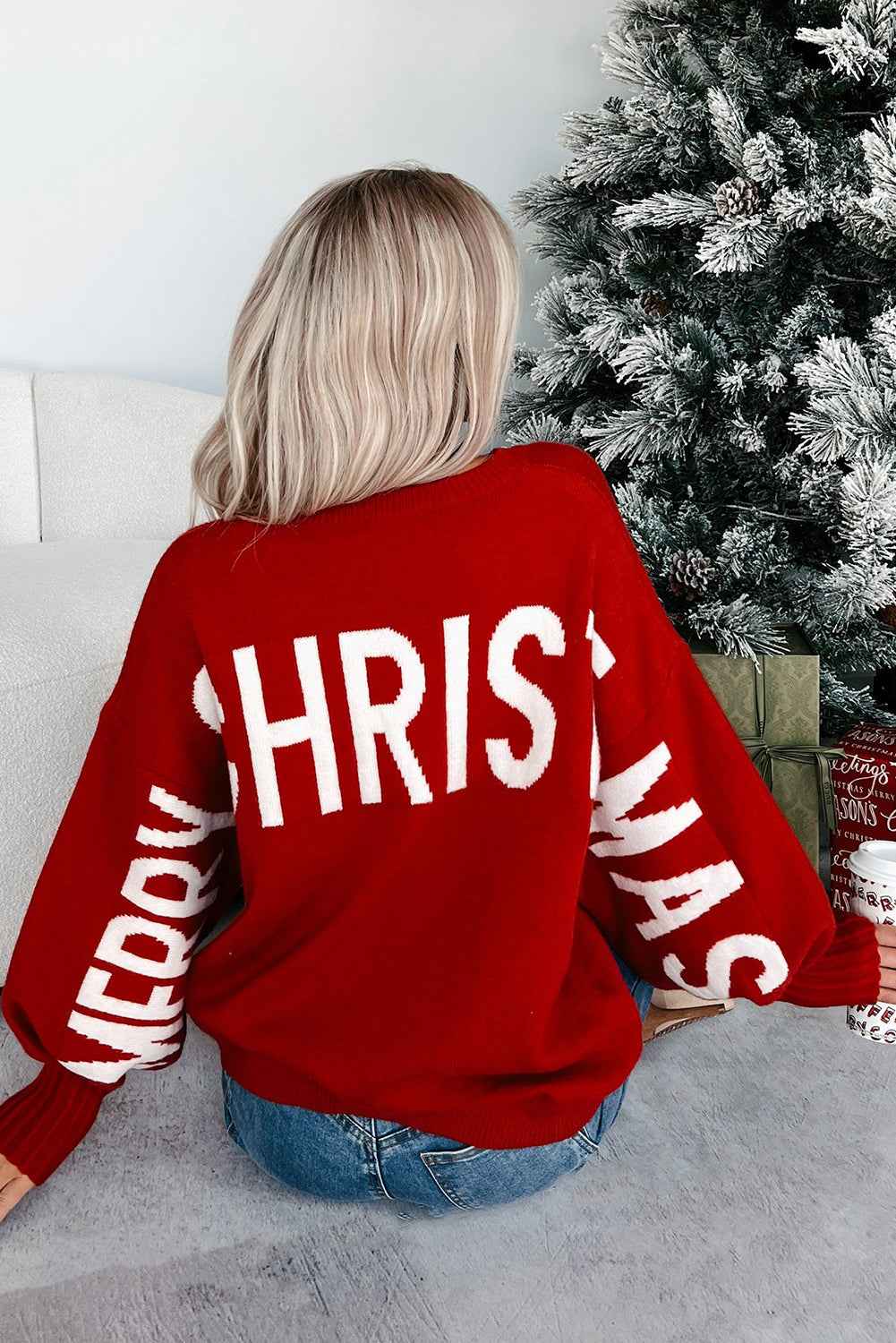 Fiery Red Merry Christmas Ho Ho Ho Drop Shoulder Loose Sweater