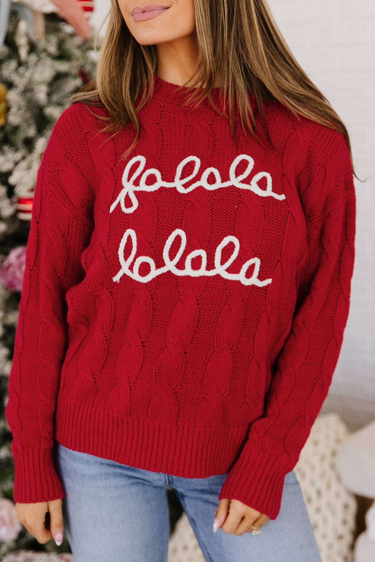 Fiery Red Fa La La Cable Knit Christmas Sweater