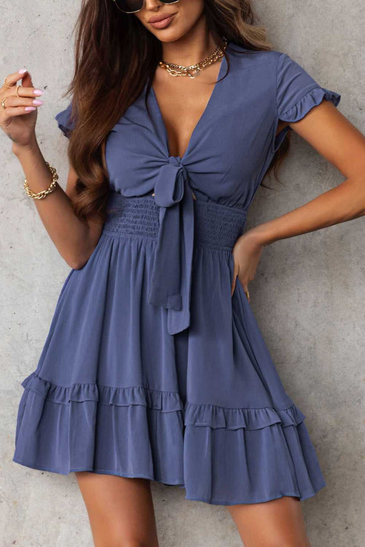 Blue V-Neck Ruffle Mini Dress