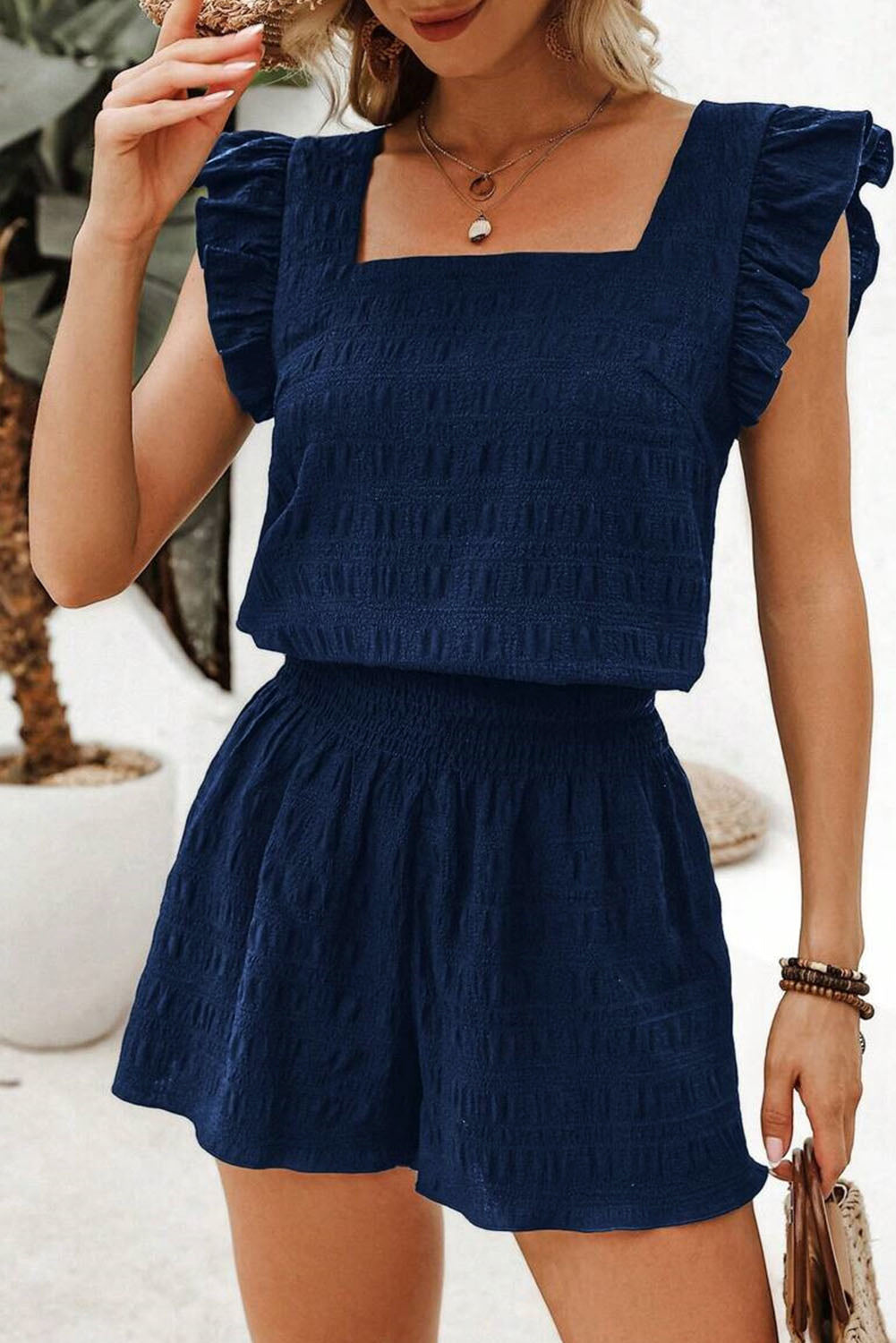 Textured Square Neck Top & Shirred High Waist Shorts Set – Two-Piece