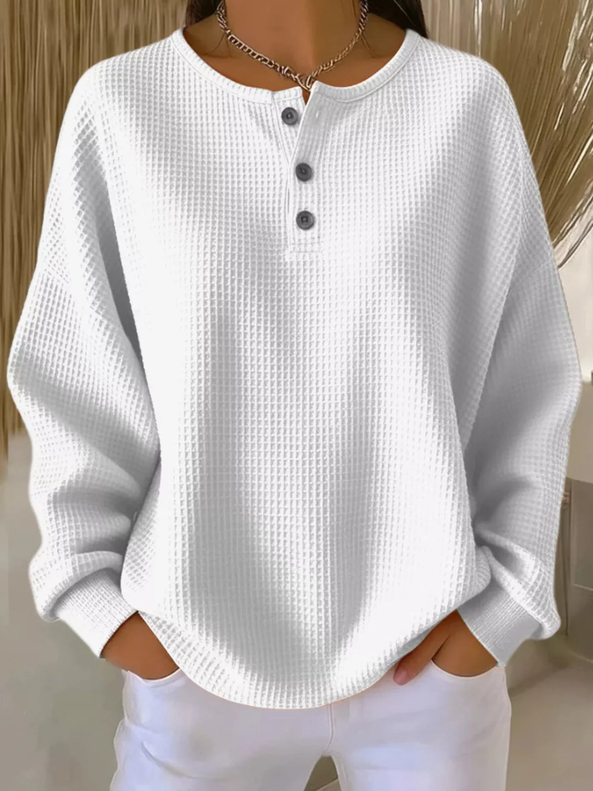Waffle Knit Button Detail Pullover