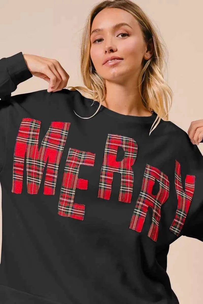 BiBi Plaid Merry Lettering Christmas Fleece Sweatshirt