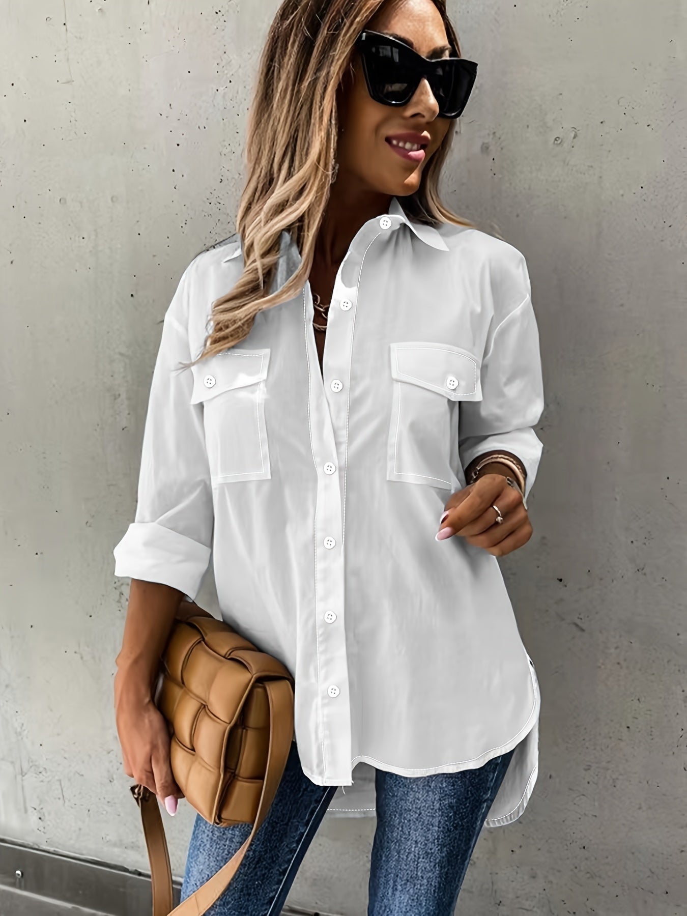 Simple Casual Long Sleeve Blouse with Pocket Women's Blouse