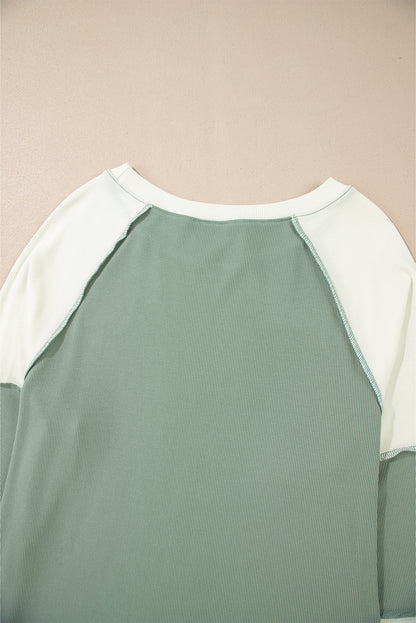 Mint Green Ribbed Colorblock Patchwork Raglan Long Sleeve Women's Top - The Eggy's store