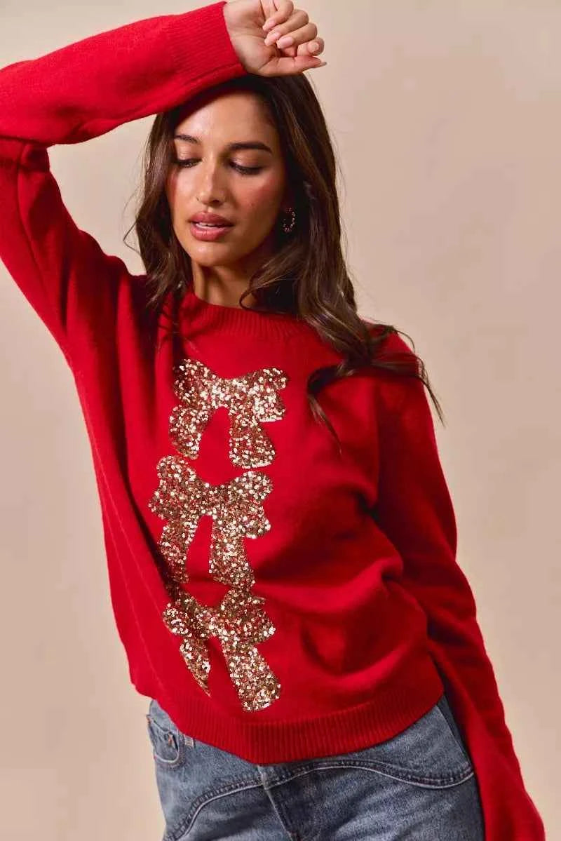 SO ME Sequins Bow Ribbon Embellished Christmas Sweater