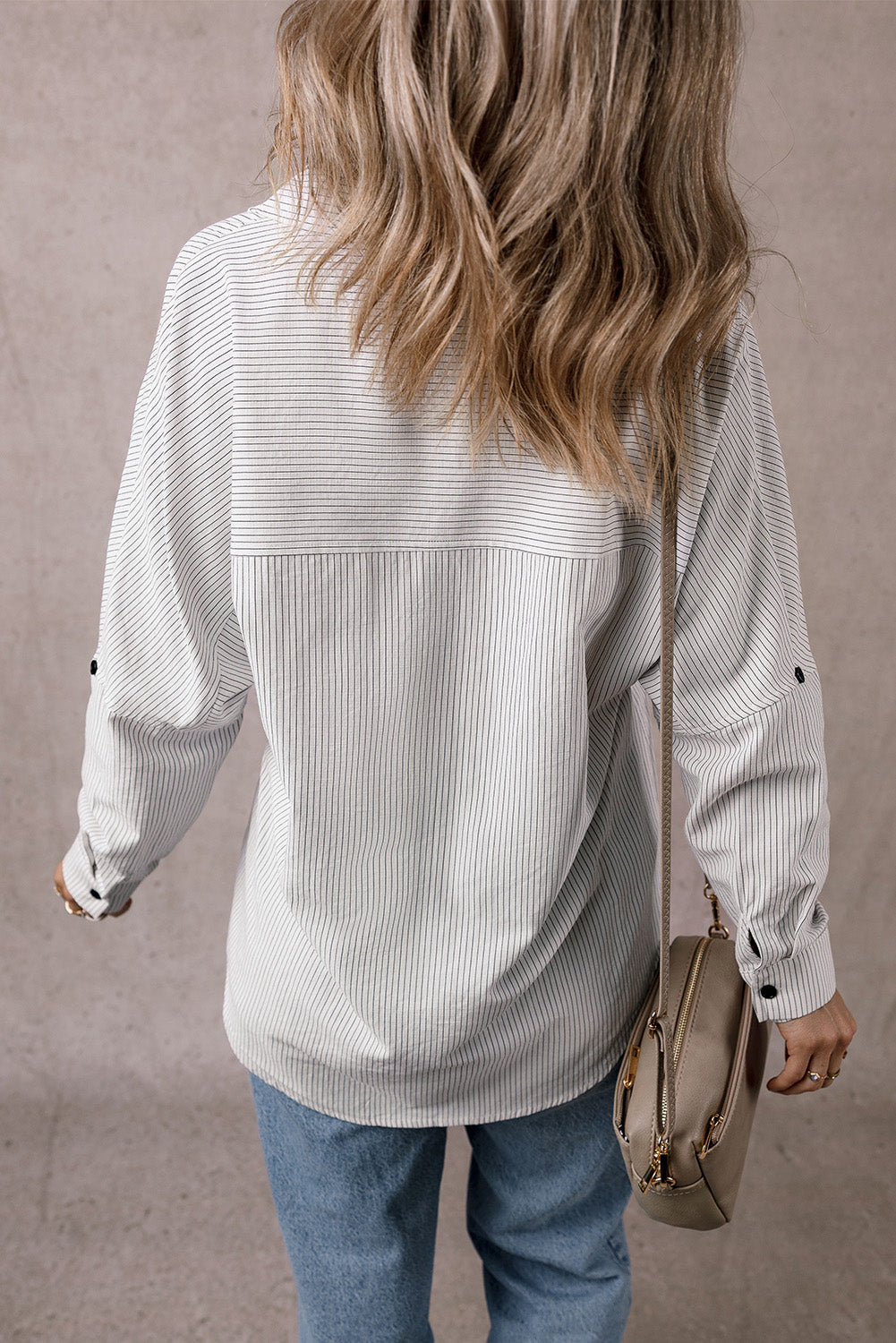 Striped Roll-Tab Sleeve Pocketed Long Blouse