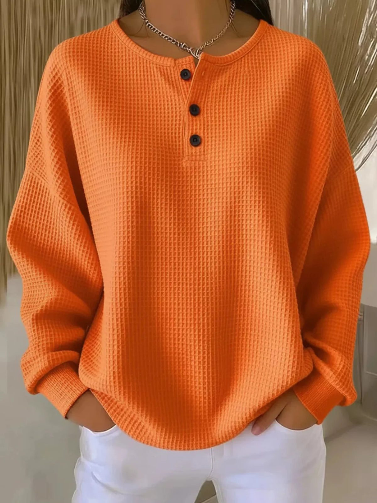 Waffle Knit Button Detail Pullover