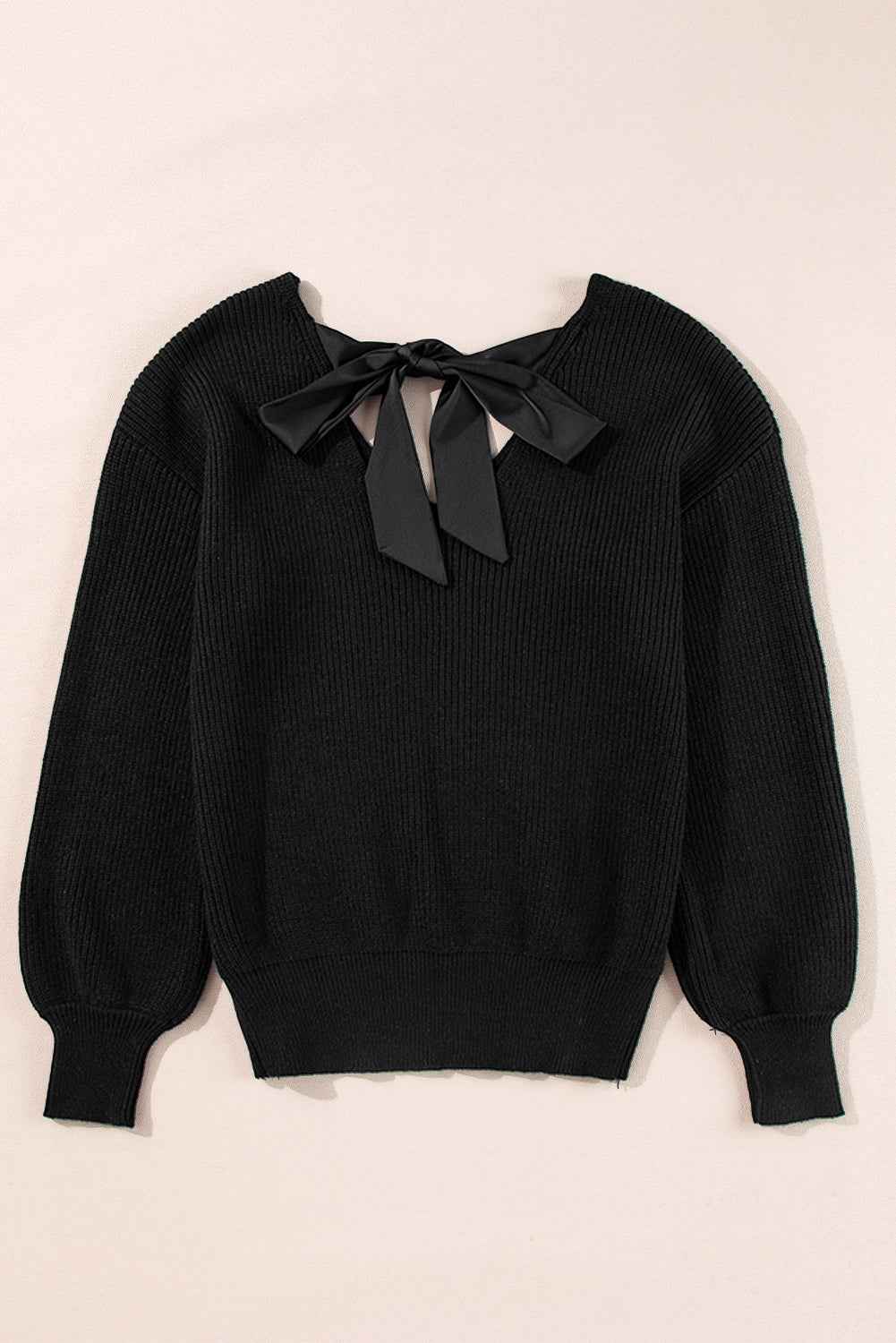 Bow Back  Lantern Sleeve V-Neck Sweater