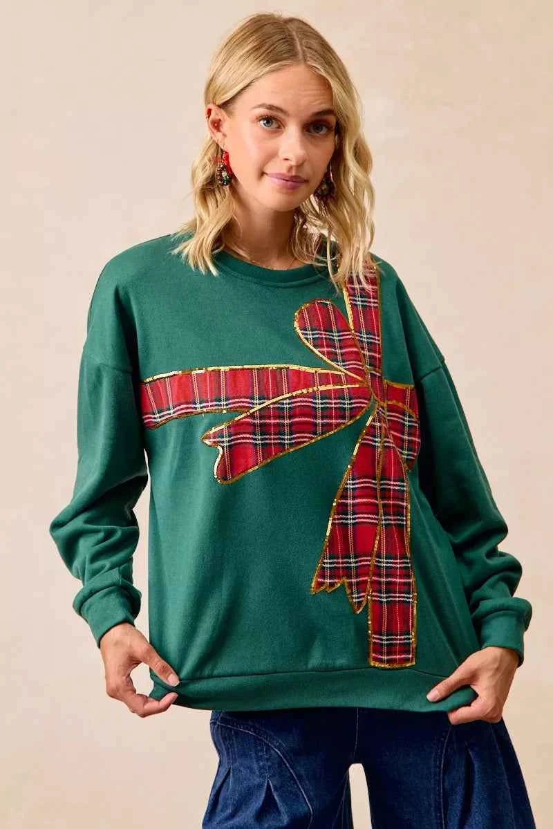 BiBi Plaid Ribbon Bow Detail Christmas Fleece Women's Sweatshirt
