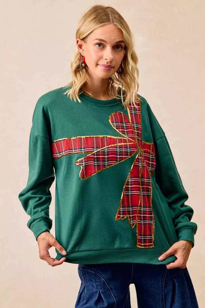BiBi Plaid Ribbon Bow Detail Christmas Fleece Women's Sweatshirt