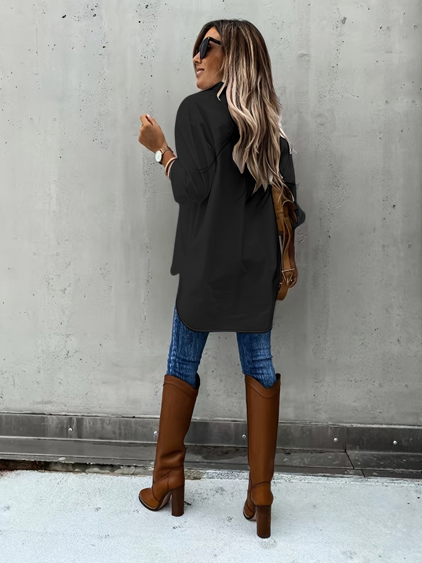 Simple Casual Long Sleeve Blouse with Pocket Women's Blouse