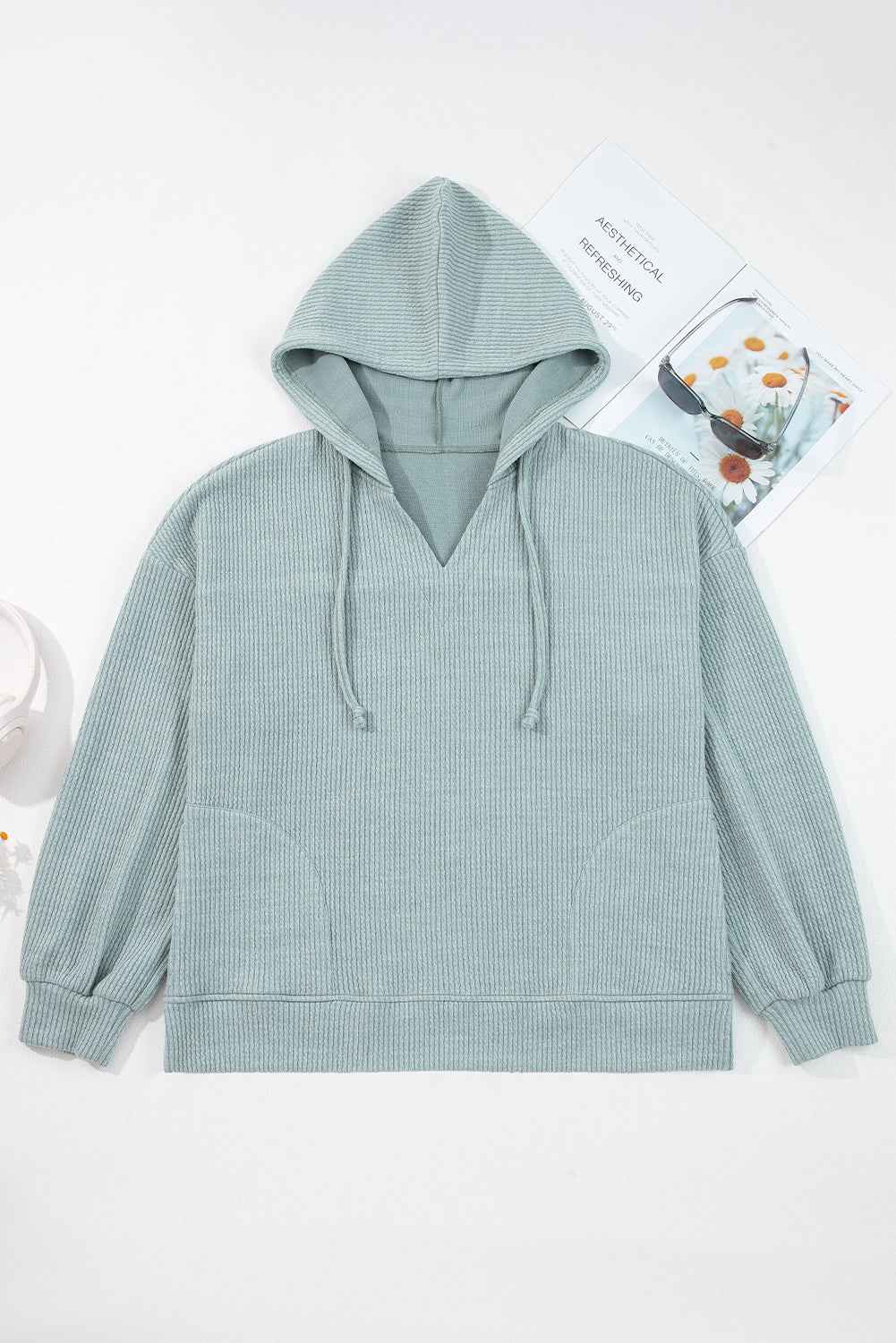 Solid Ribbed Drop Shoulder Hoodie