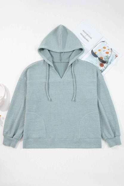 Solid Ribbed Drop Shoulder Hoodie