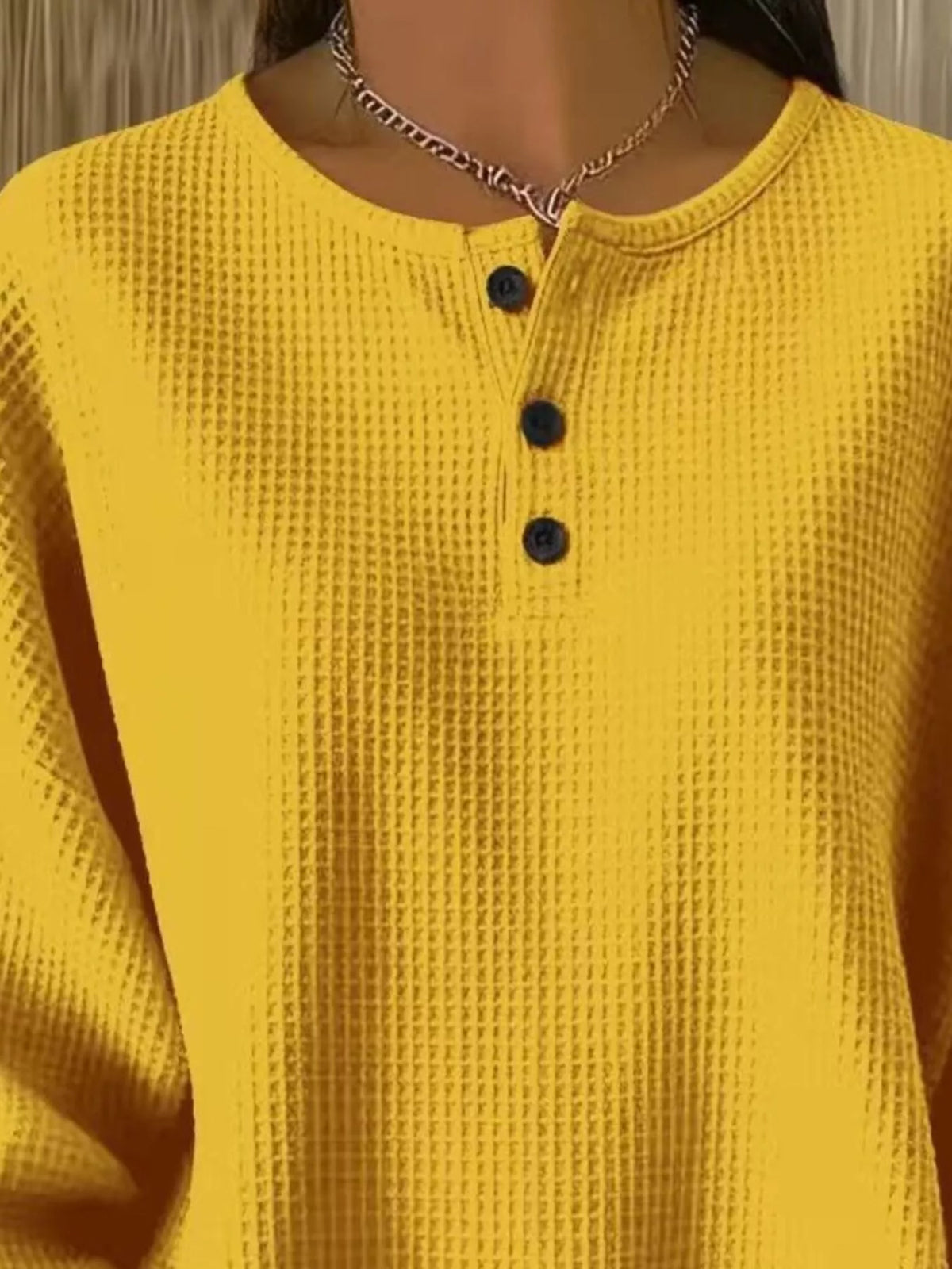 Waffle Knit Button Detail Pullover