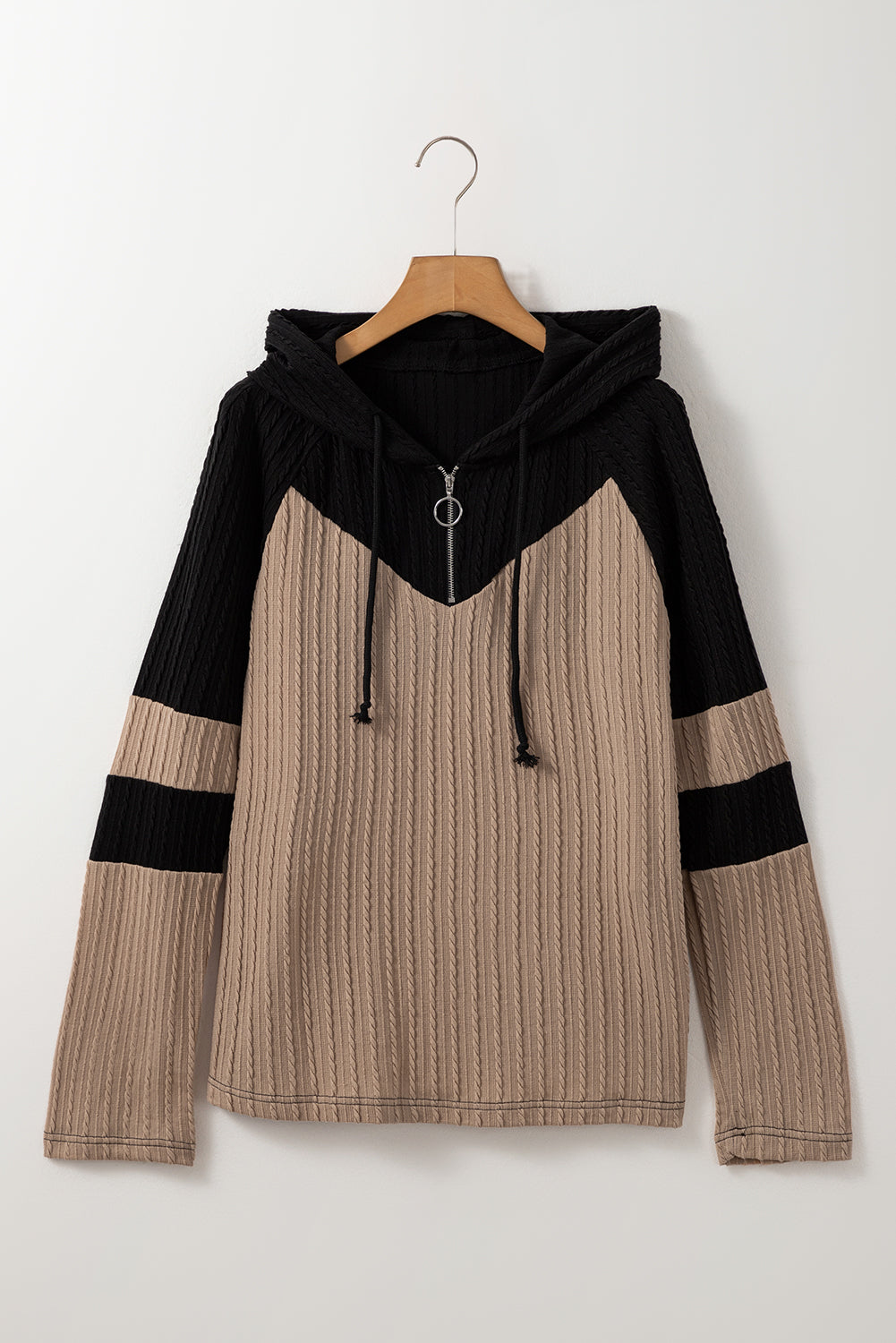 Parchment Textured Colorblock Long Sleeve Quarter Zip Drawstring Hooded Sweatshirt