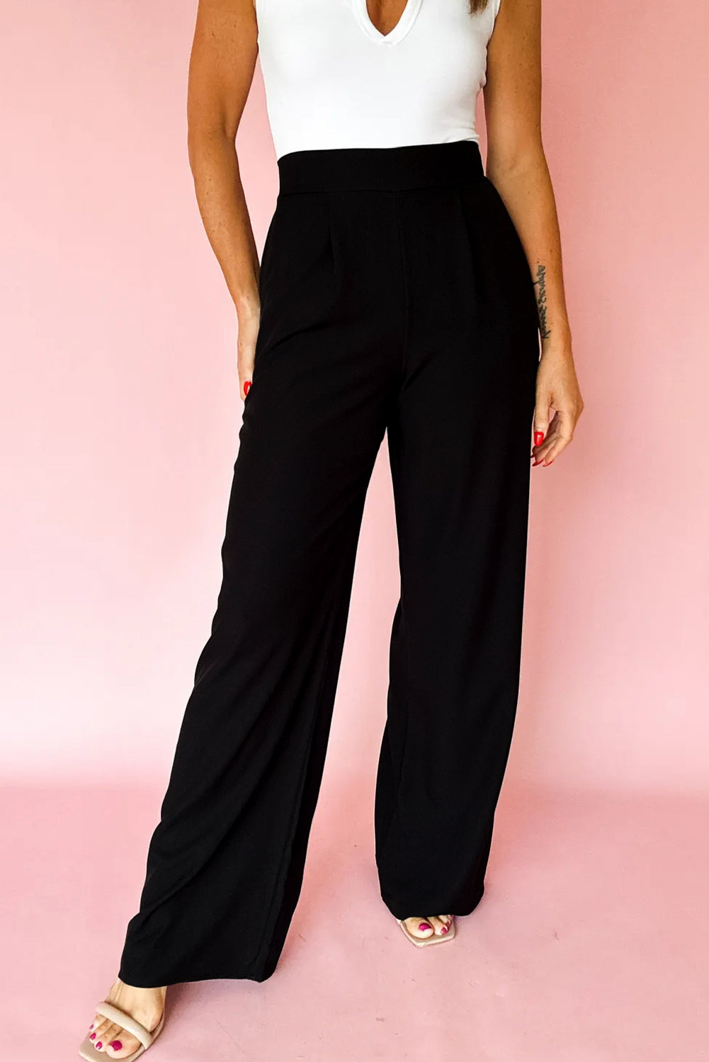 Pleated Pull-On High Waist Straight Leg Pants