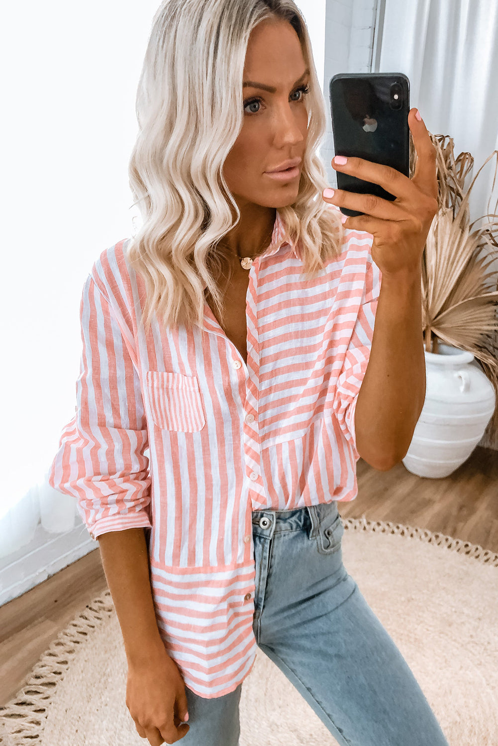 Pink Stripe Buttoned Long Sleeve Casual Women's Blouse
