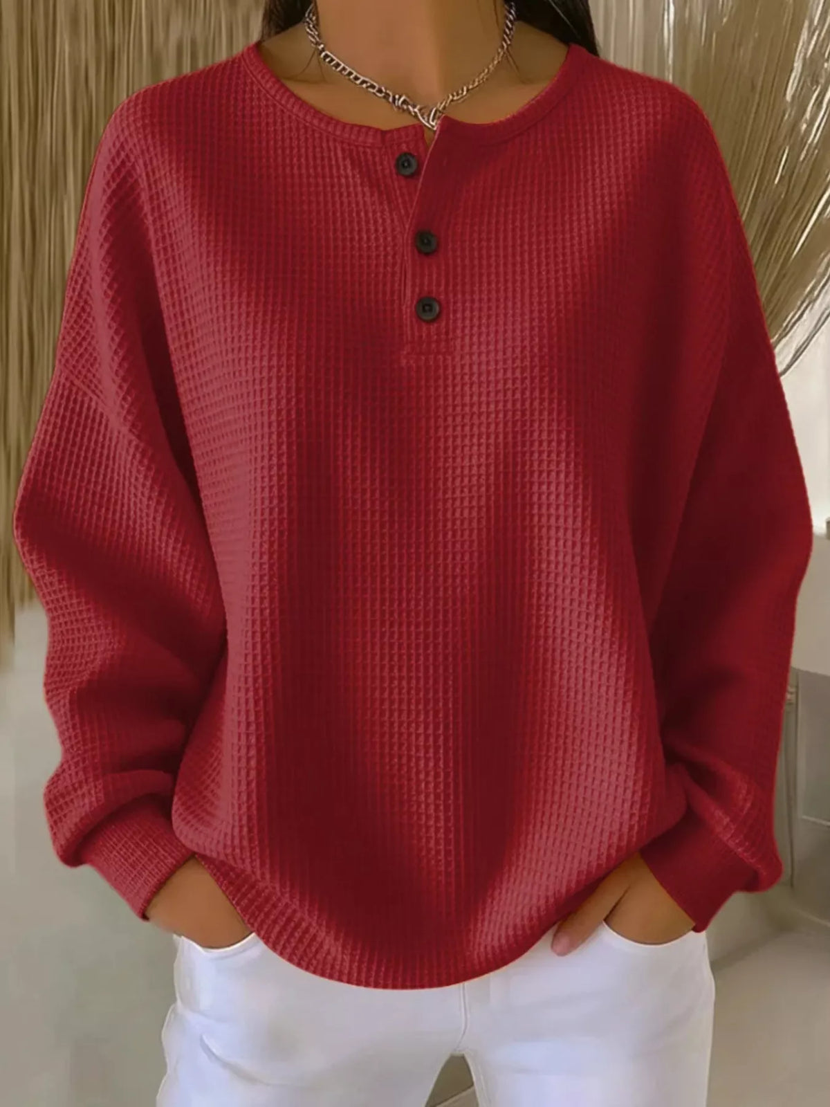 Waffle Knit Button Detail Pullover