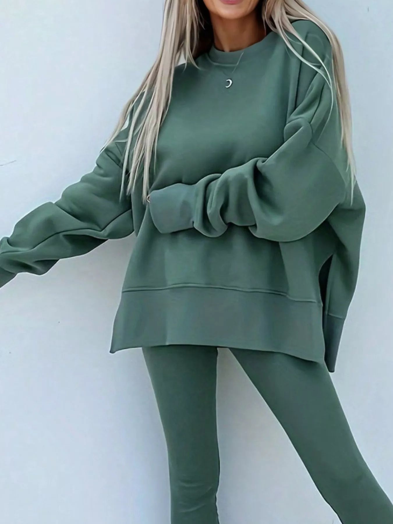 Oversized Slit Sweatshirt and Ribbed Leggings 2pcs Set