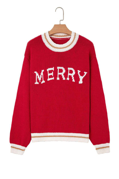 Fiery Red Merry Pattern Colorblock Edge Drop Shoulder Cozy Sweater