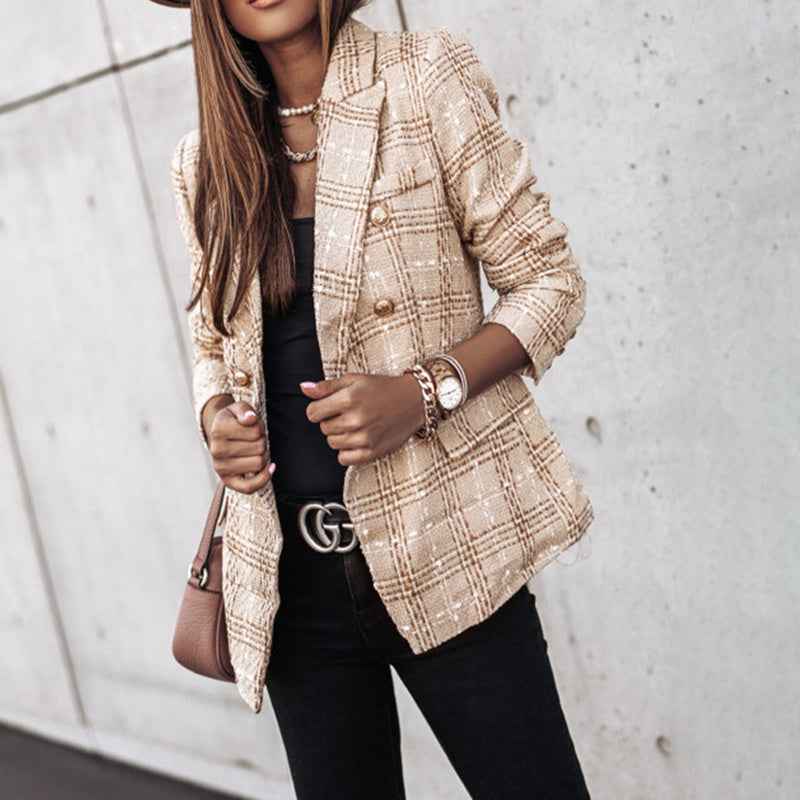 Women's Elegant Checkered Long Sleeve Blazer - Double-Breasted Printed Trench Coat For Fall&Winter, Office & Casual Jacket