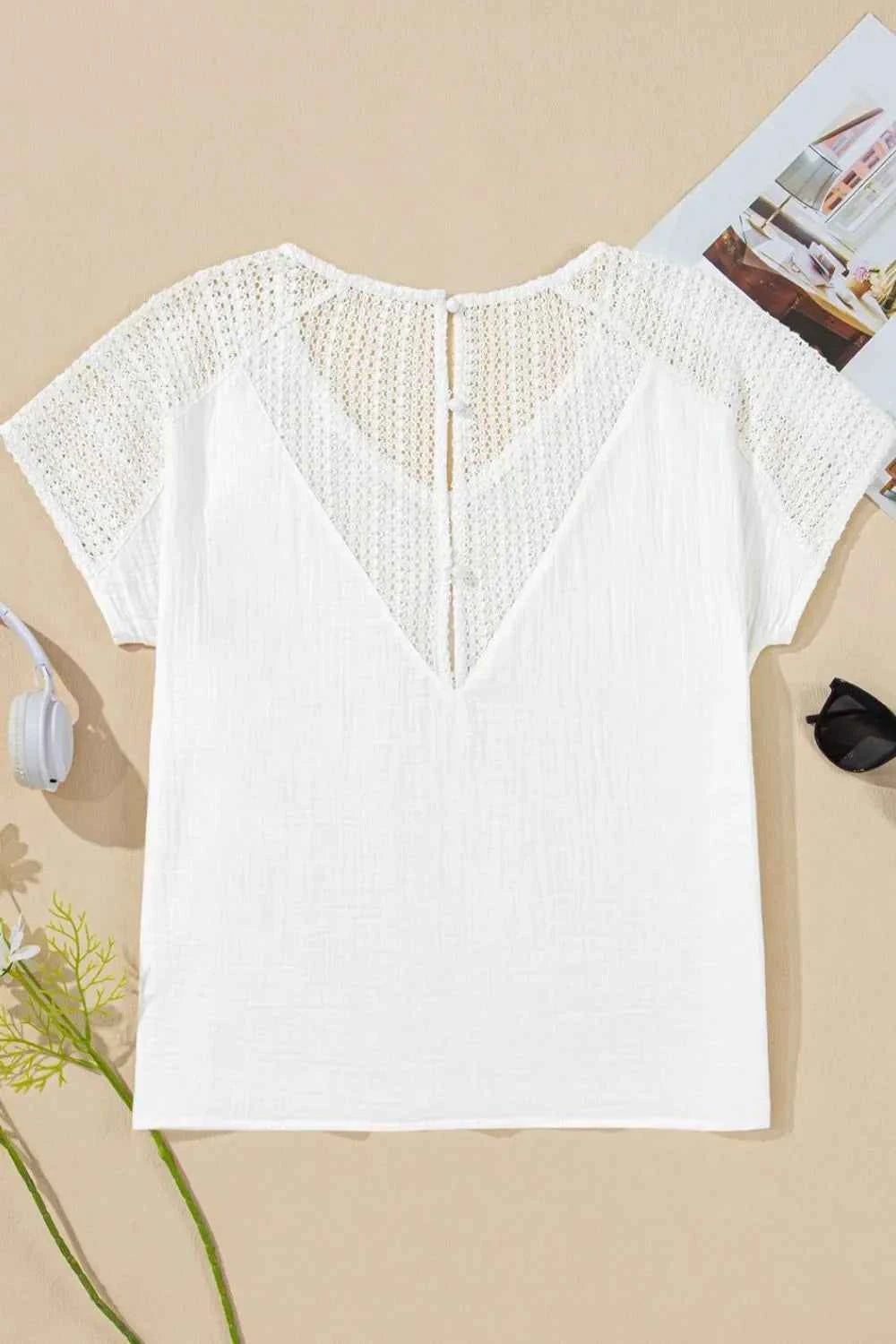 Lace Crochet Textured Button Back V Neck T Shirt