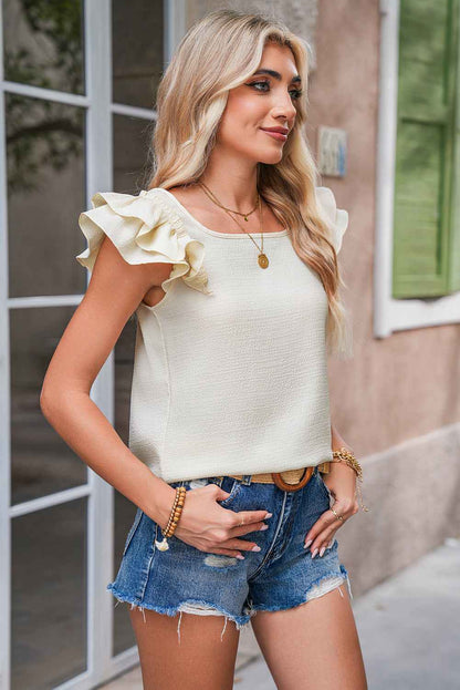 Beige Textured Bow Frilled Ruffle Sleeve Blouse