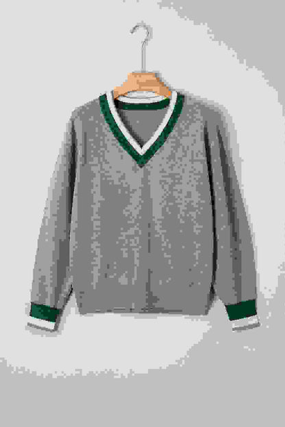 Varsity Stripe Contrast Trim V-Neck Sweater