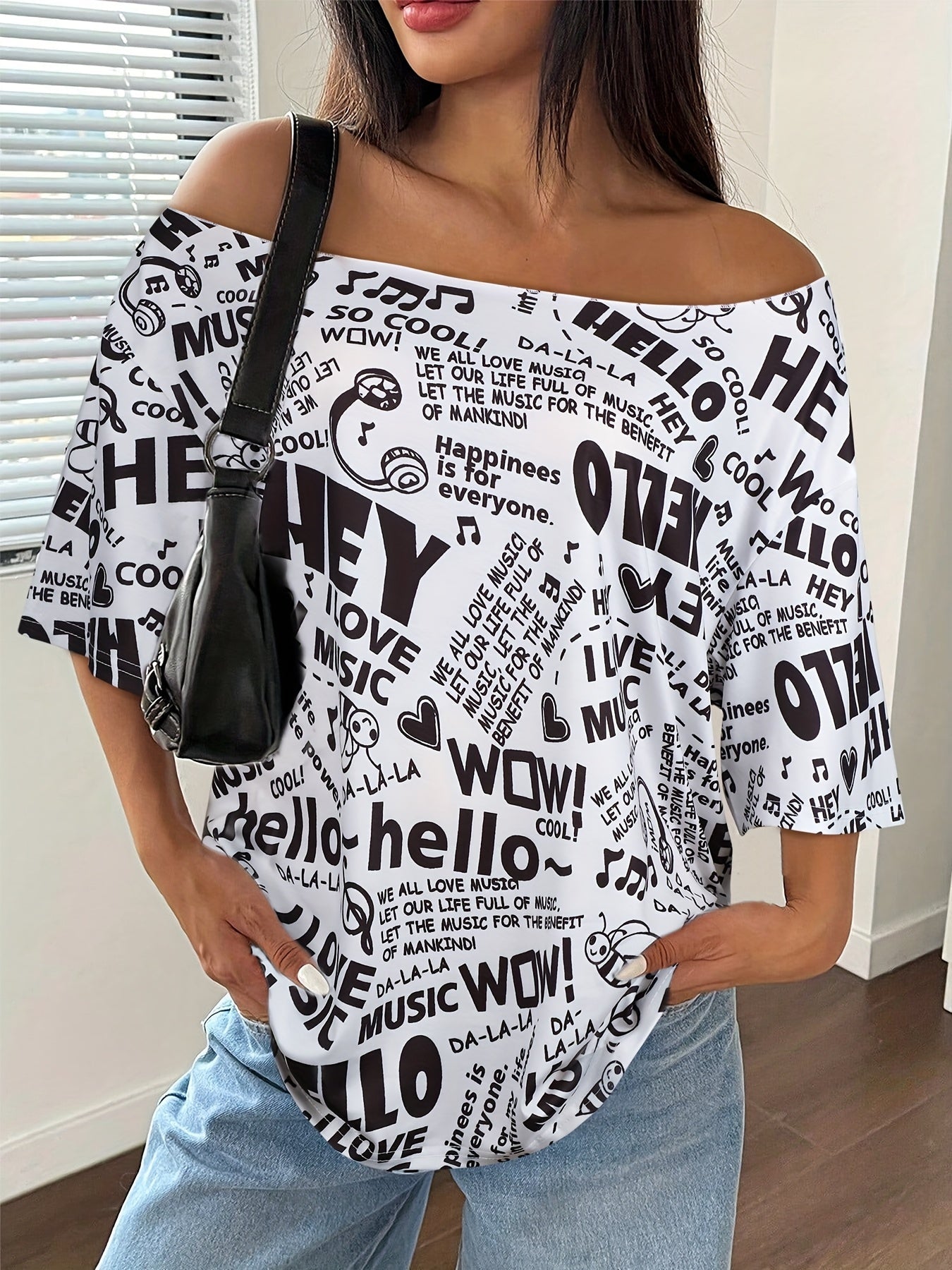 Plus Size Off Shoulder HELLO MUSIC T-Shirt
