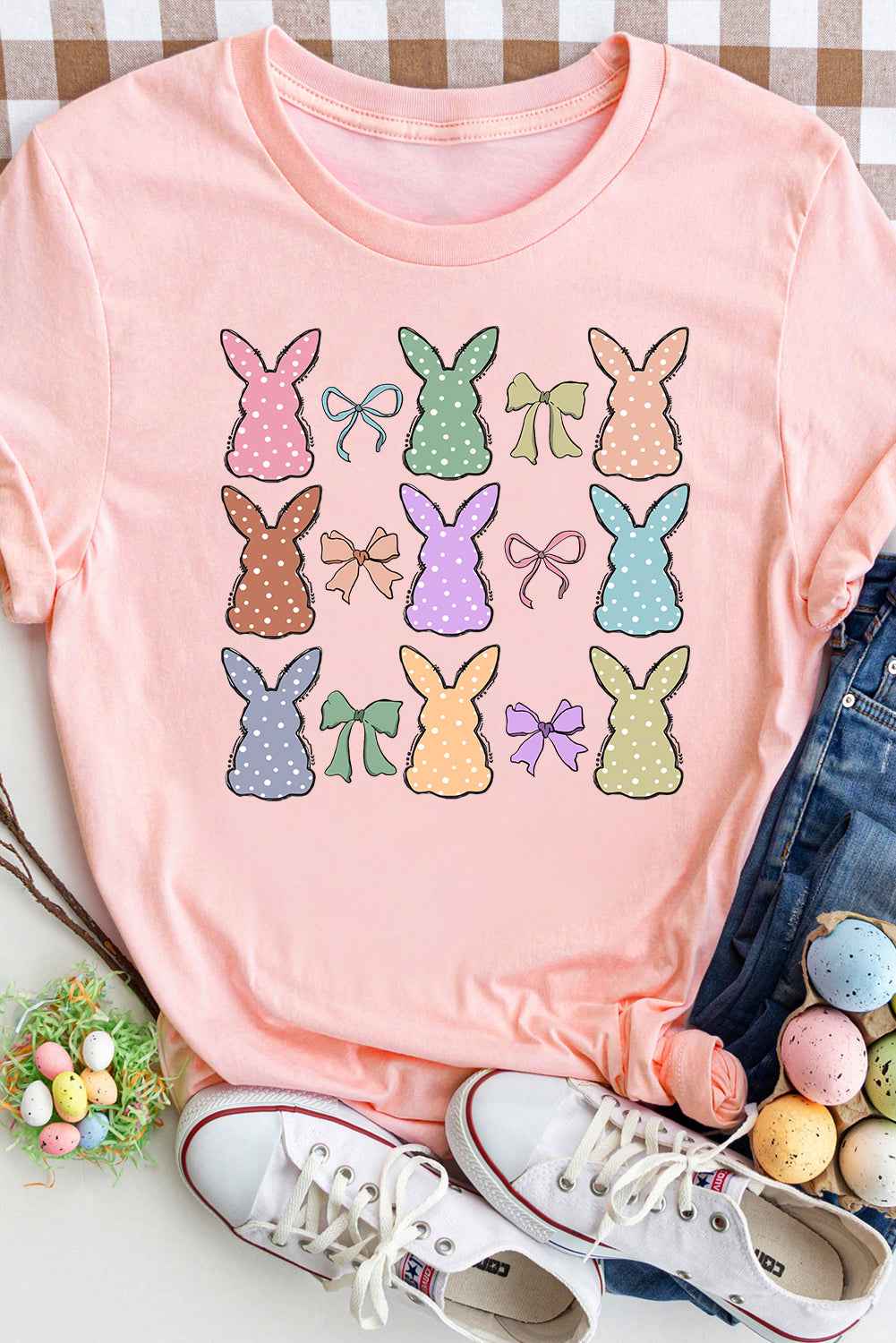 Pink Cute Bunny Bow Graphic Easter Day Fashion T Shirt