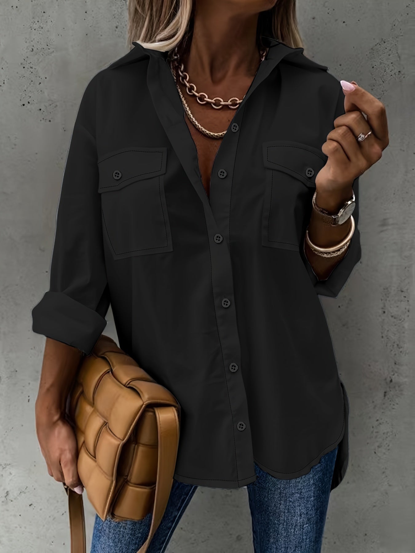 Simple Casual Long Sleeve Blouse with Pocket Women's Blouse