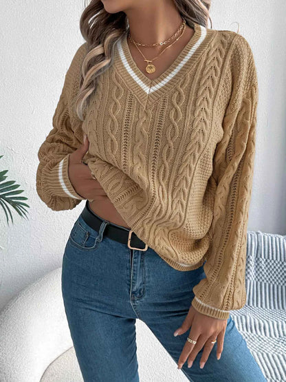 V-Neck Cable Knit Long Sleeve Sweater