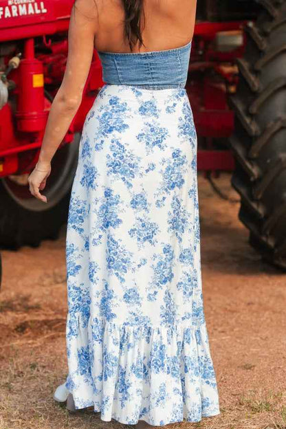 Split Asymmetrical Ruffled Printed Skirt