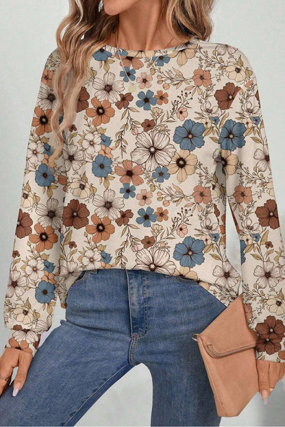 Khaki Floral Print Women's Top - Allover Floral Crew Neck Long Sleeve - The Eggy's store