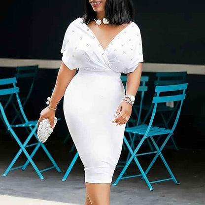 Women's Elegant Deep V Neck Wrap Bodycon Dress Back Zipper Pencil Midi Dress