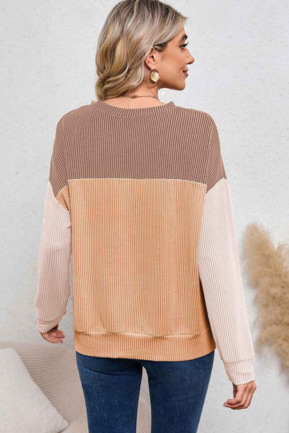 Khaki Color Block Ribbed Loose Long Sleeve Women's Top