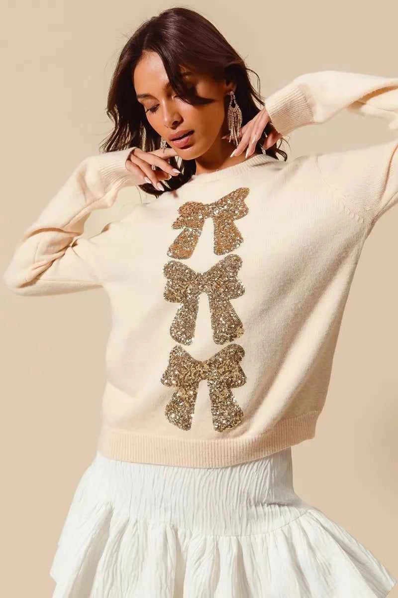 SO ME Sequins Bow Ribbon Embellished Christmas Sweater
