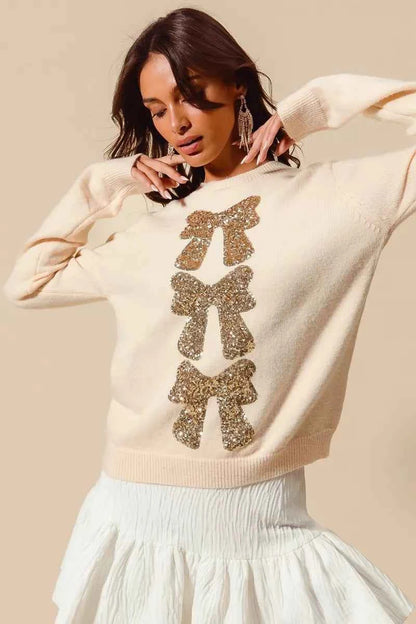SO ME Sequins Bow Ribbon Embellished Christmas Sweater