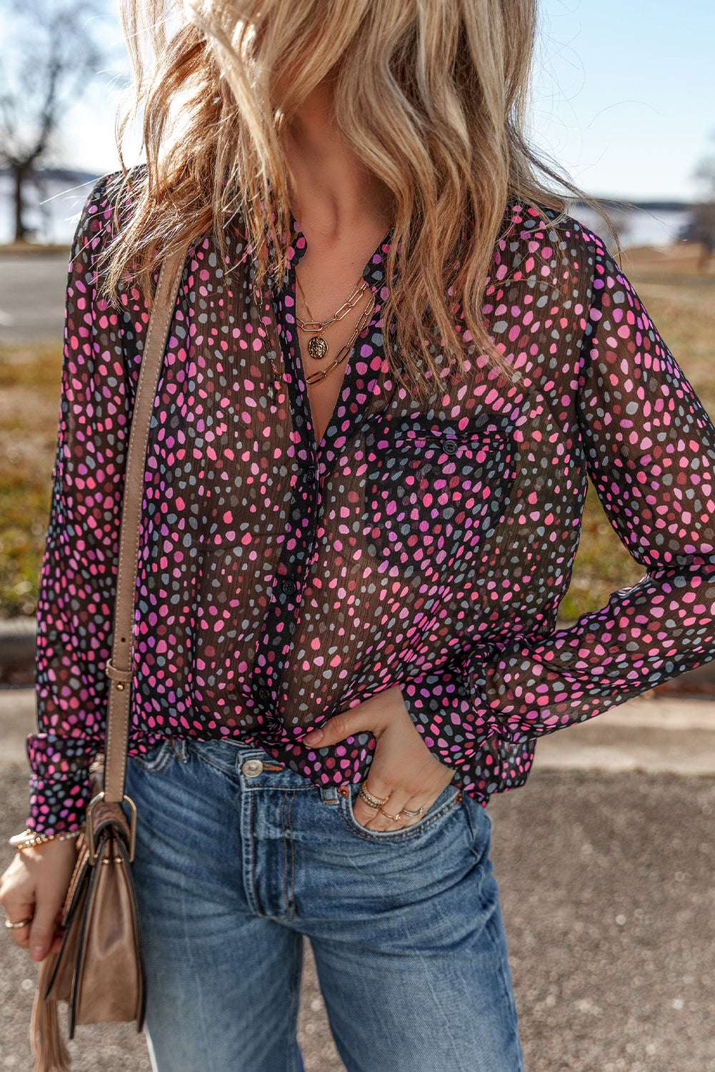 Grape Wine Polka Dot Print Buttoned Blouse
