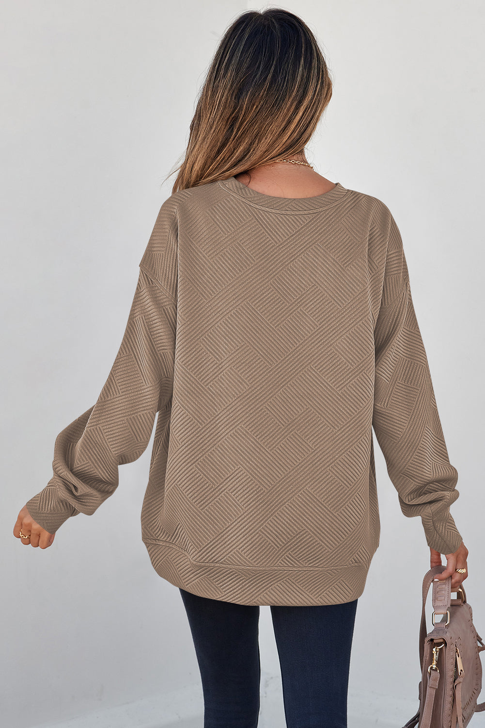 Solid Color Textured Round Neck Drop Shoulder Pullover Sweatshirt