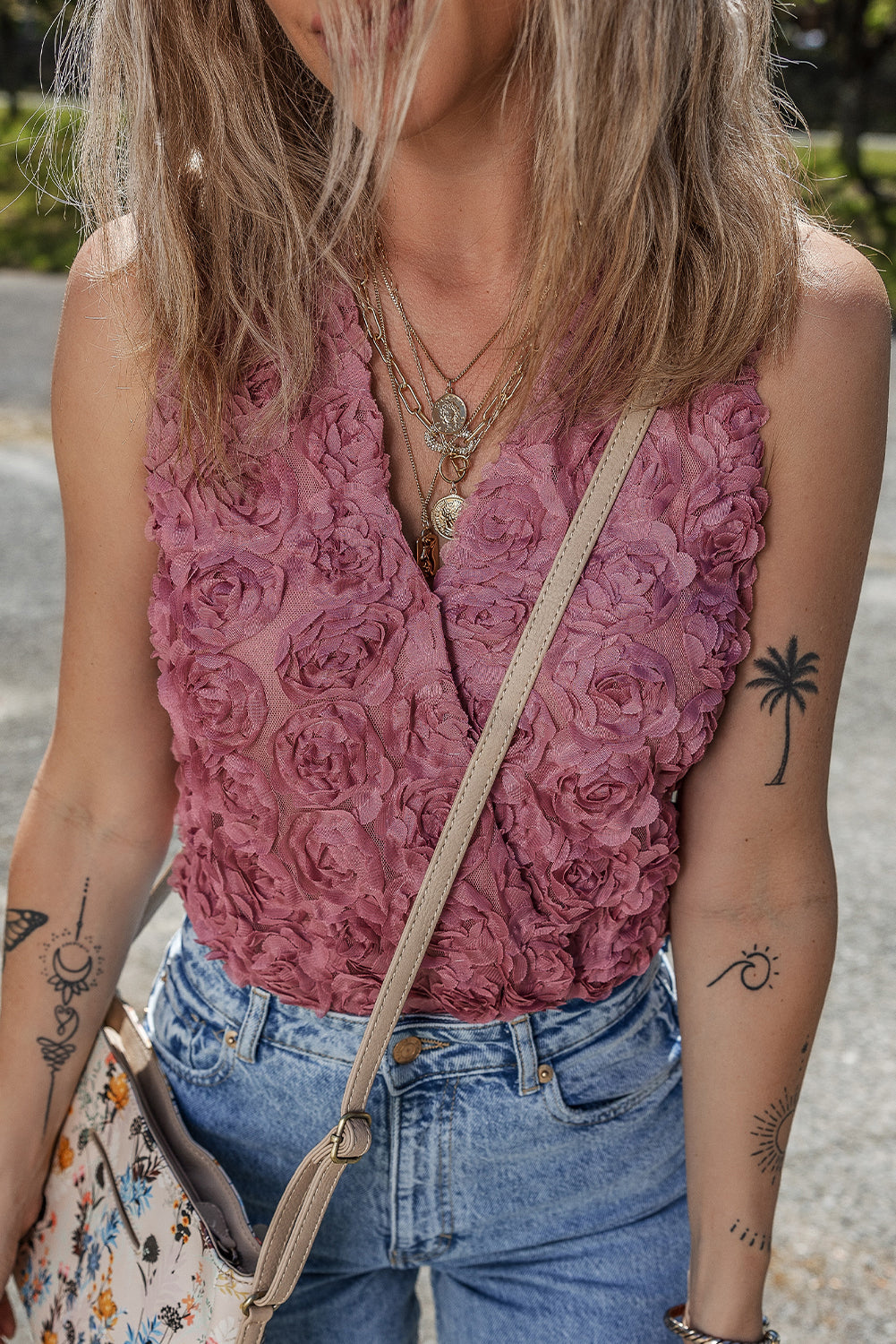 Heather Floral Textured V Neck Wrapped Sleeveless Bodysuit Women's Blouse