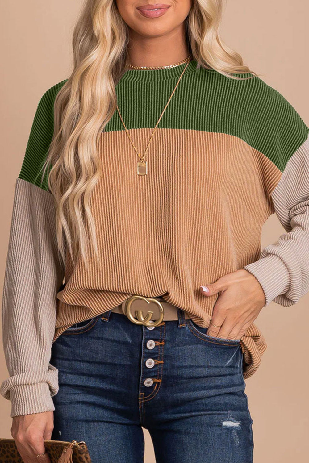 Khaki Color Block Long Sleeve Ribbed Loose Women's Top